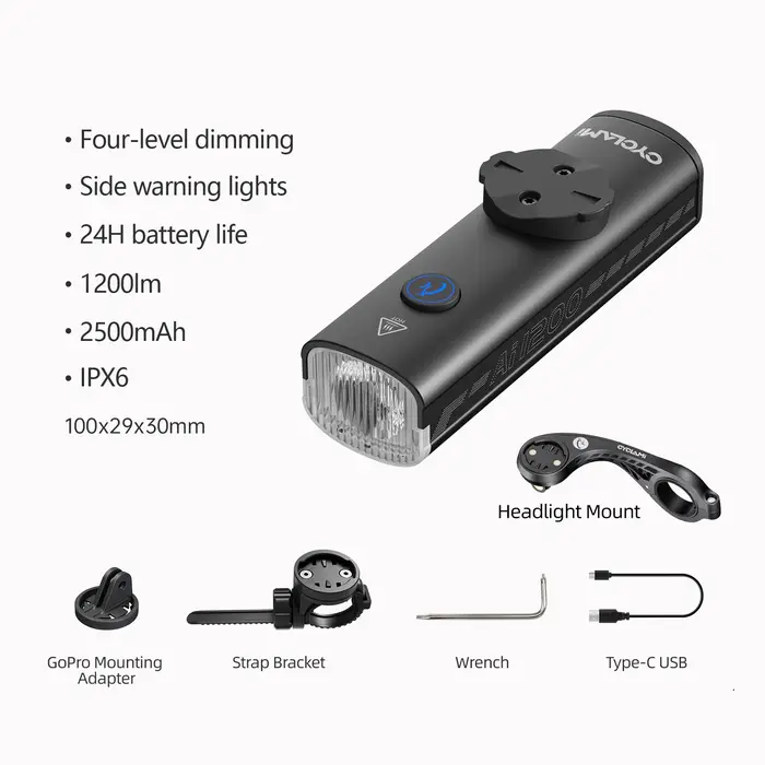 Phare de vélo VTT et route puissant 1200 Lumens en alliage d'aluminium étanche IPX6 avec batterie 2500 mAh et quatre modes d'éclairage pour cyclisme nocturne