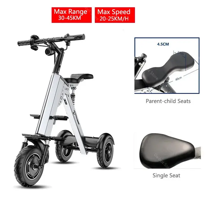 Scooter électrique pliant adulte 3 roues léger avec 2 sièges 350w 36v blanc/gris Mini Tricycle élect
