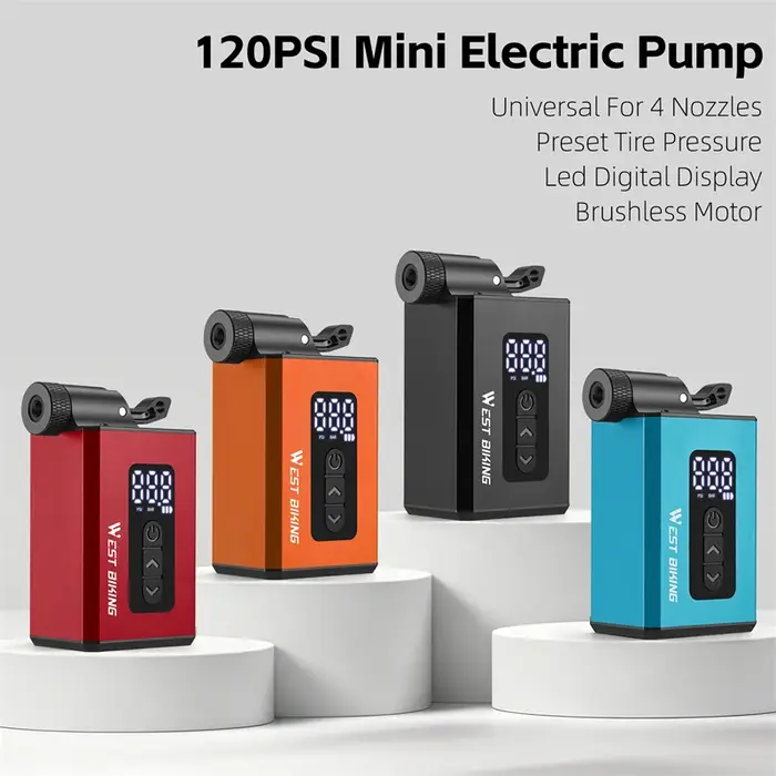 Pompe à vélo électrique WEST BIKING, 4 embouts, valve Clik, compresseur d'air portable, 120 PSI, affichage numérique, moteur sans balais, vélo de route