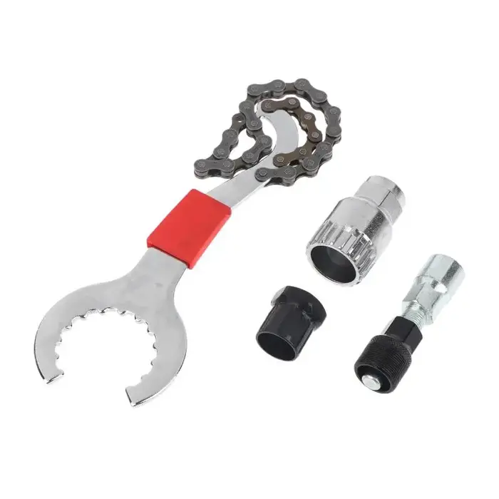 Kit d'outils de réparation de vélo avec accessoires complets, comprenant un extracteur de manivelle, un fouet à chaîne et une clé à pédale, pour la réparation de vélos de montagne et de route.