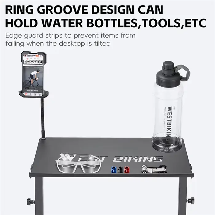 Bureau de cyclisme en acier carbone noir avec hauteur réglable et surface antidérapante pour entraîneur de vélo et support ordinateur portable à domicile