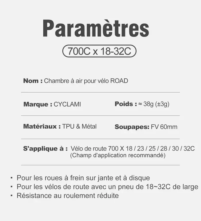 10 pièces CYCLAMI vélo ultraléger TPU chambre à air 700C 18 23 25 28 30 32