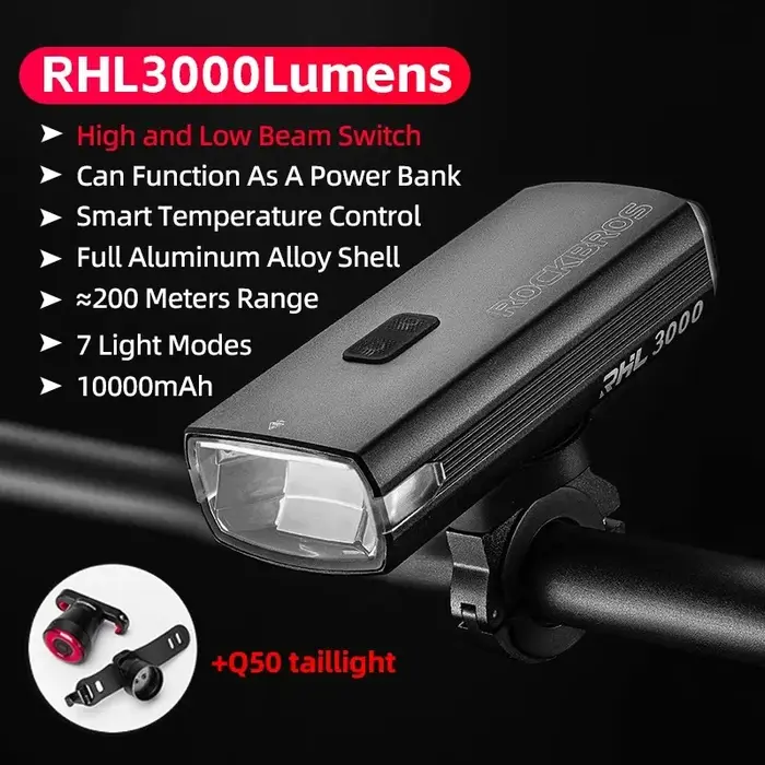 ROCKBROS 3000LM lumière de vélo type-c charge lampe avant 10000mAh