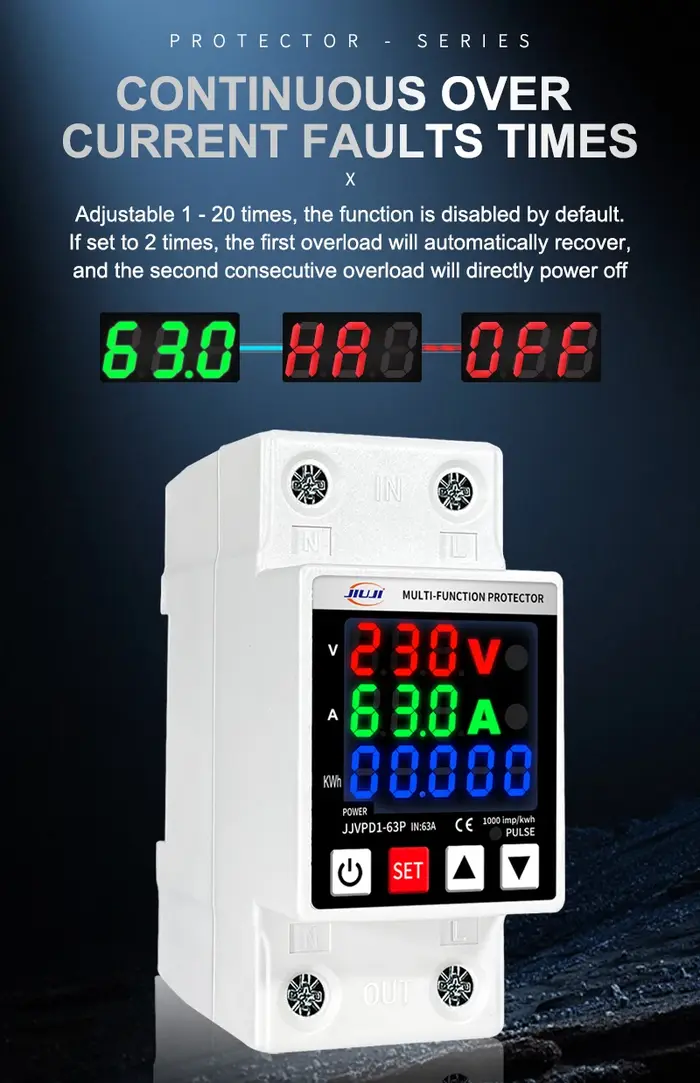 Dispositif de protection contre les surtensions et les sous-tensions réglable sur rail DIN JIUJI 63A avec compteur kilowattheure JJVPD1-63