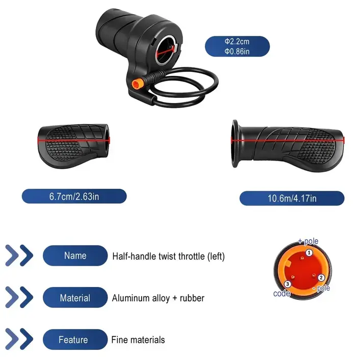 Poignée de guidon semi-acceleratrice pour vélos et trottinettes électriques avec connecteur étanche à 3 broches
