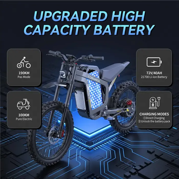 Moto électrique R19 VTT tout-terrain 9000W avec batterie lithium 72V 40Ah moteur sans balais et suspension intégrale pour conduite haute vitesse en montagne et forêt