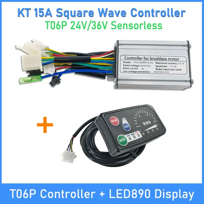 Contrôleur de vélo électrique KT T06P 15A 24V 36V 250W, contrôleur à onde carrée avec simulation de