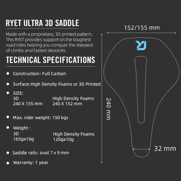 RYET 3D imprimé 155mm selle de vélo entièrement en carbone 7x9 ultraléger 120g siège