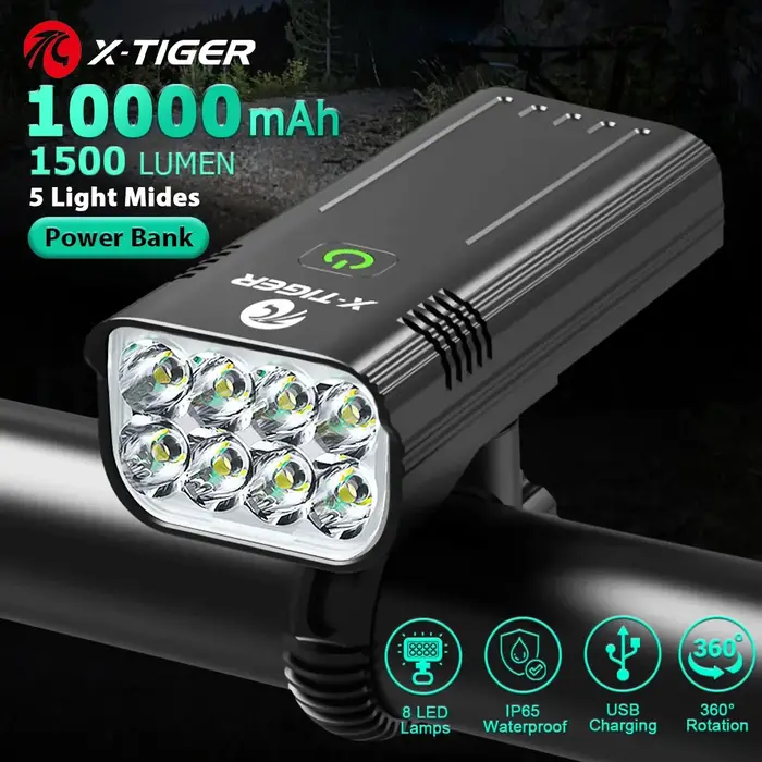 X-TIGER Vélo Lumière Ensemble Puissant USB Rechargeable Lumineux 10000mAh Vélo Feux Avant IPX5 Étanc