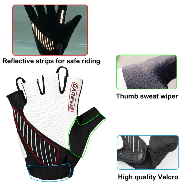 DAREVIE Gants de cyclisme rembourrés en gel pour hommes, tissu taïwanais, antichoc, sans doigts, con
