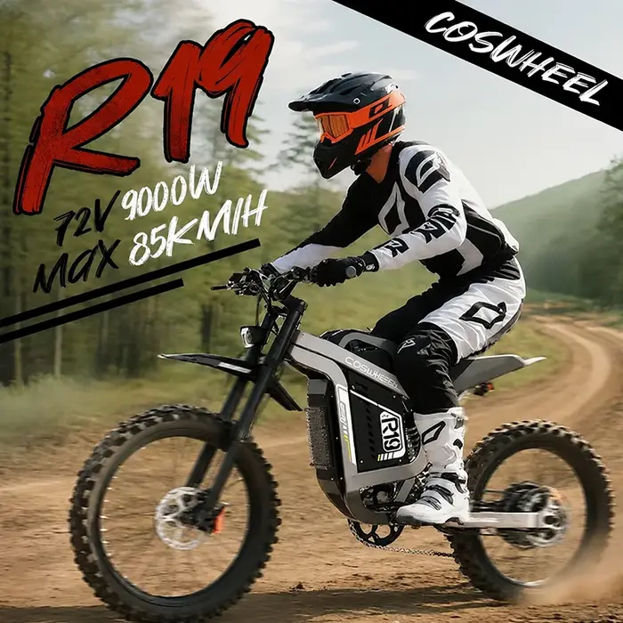 Moto électrique R19 VTT tout-terrain 9000W avec batterie lithium 72V 40Ah moteur sans balais et suspension intégrale pour conduite haute vitesse en montagne et forêt
