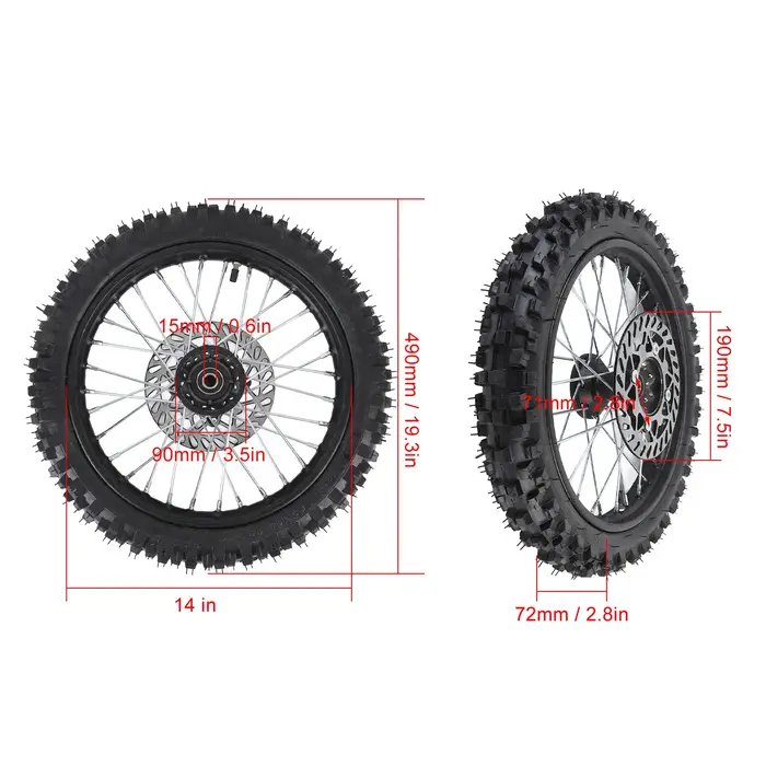Ensemble de roue avant de 14 pouces adapté au vélo tout-terrain 125 140 150 160cc avec axe de jante de 15mm et Rotor de frein