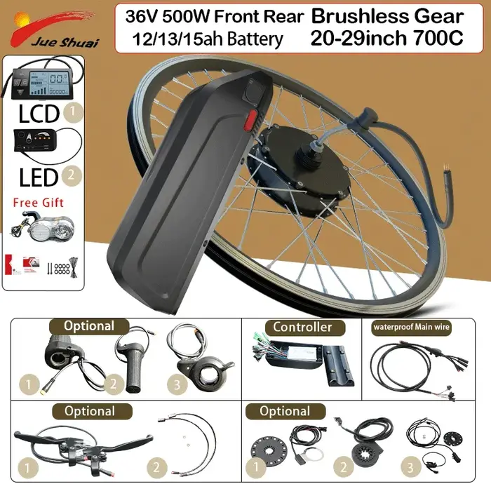 Kit de Conversion de vélo électrique 36V 250W 350W 500W, avec batterie 12/15ah, 20-29 pouces, 700C 2