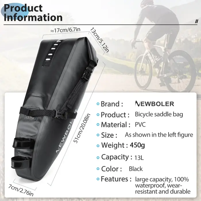 NEWBOLER sac de vélo étanche 13L grande capacité sac de selle