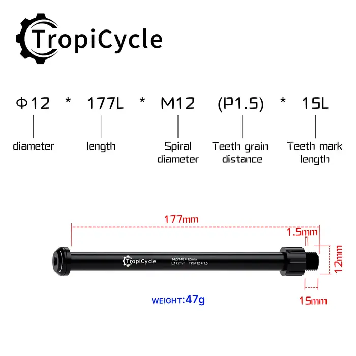 Tropicycle – Axe traversant de fourche avant pour VTT et vélo de route, en alliage d'aluminium, M12x