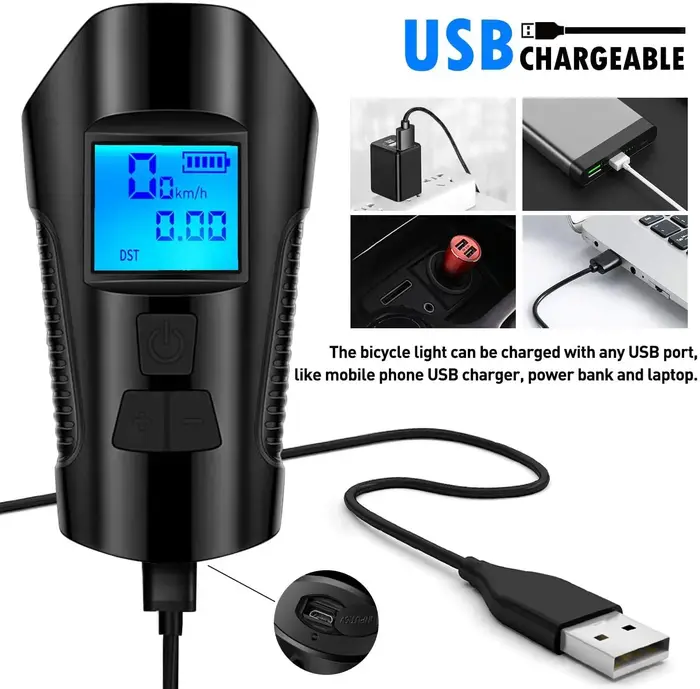 Ensemble éclairage vélo phare avant arrière avec klaxon 120 décibels compteur vitesse LCD et odomètre rechargeable USB pour cyclisme urbain et nuit