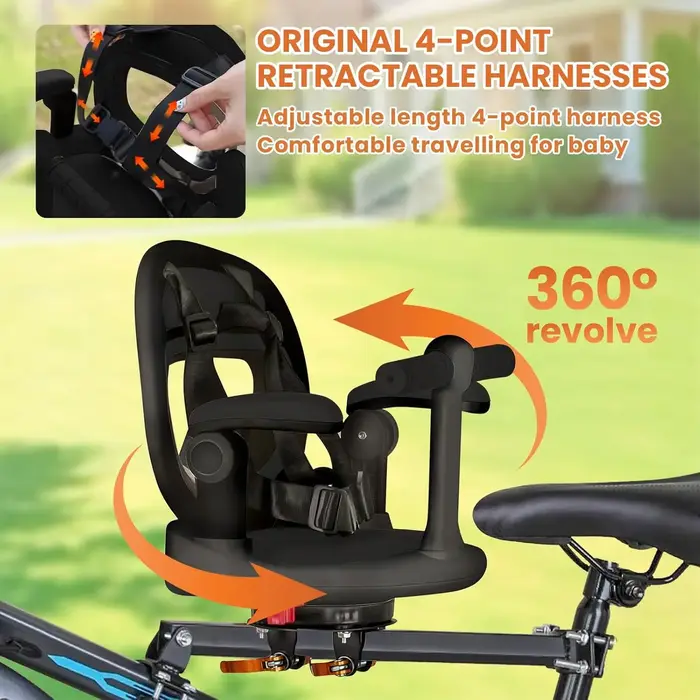 Siège de vélo pour enfant monté à l'avant, siège enfant pour VTT, 360 °   Siège pivotant, dégagement rapide, avec repose-pieds, accoudoirs, protection