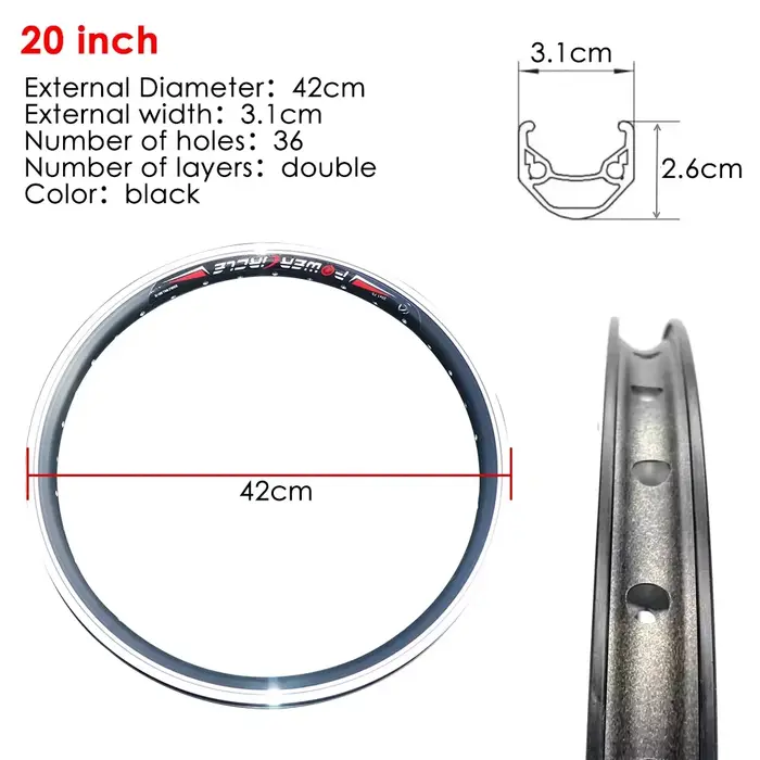 Jantes de vélo double couche en alliage d'aluminium pour roues VTT, roues pliantes E Bike, noir, arg