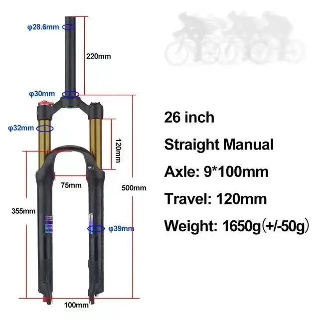 Fourche à air pour vélo Bolany avec réglage du rebond, 26/27,5/29 pouces, 120 mm de débattement, tig
