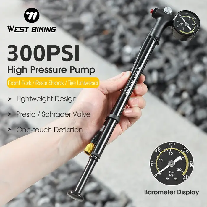 Pompe à fourche haute pression 300 PSI en aluminium pour suspension arrière amortisseur et tige de selle vélo manuel portable avec jauge et tuyau