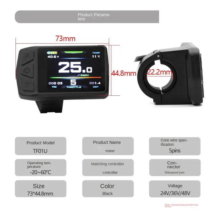 Ebike affichage pour KT TF01U 24V 36V 48V Intelligent coloré LCD compteur étanche Joint vélo électrique