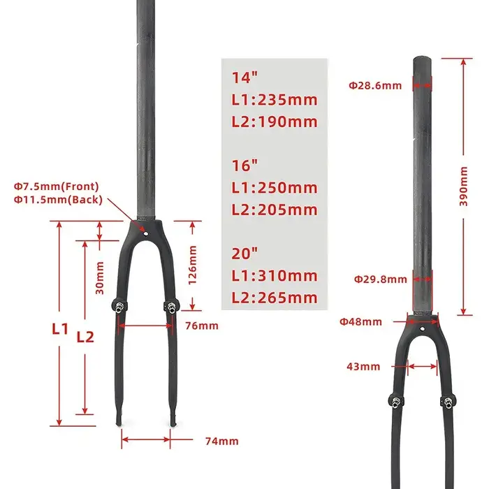 Fourche de vélo pliable en fibre de carbone 3K pour petites roues