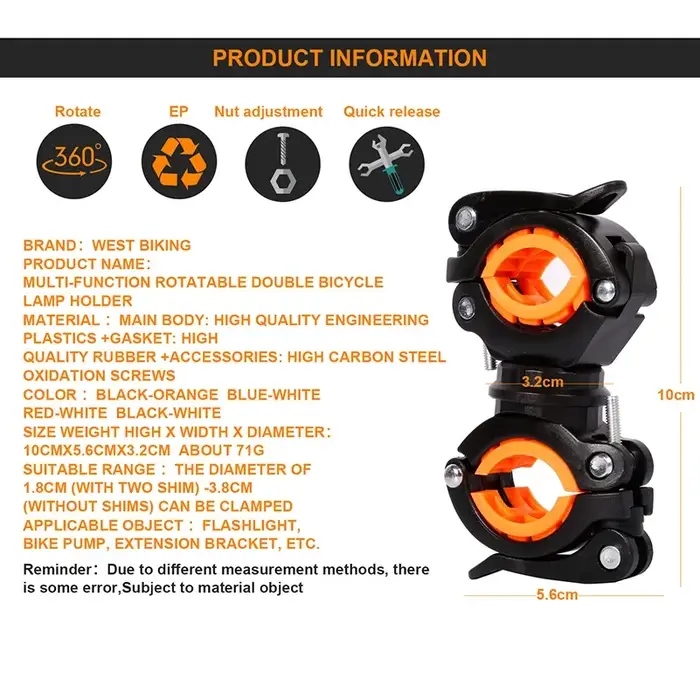 WEST BIKING-Support de lampe de vélo rotatif multifonctionnel et résistant à 360 degrés, accessoires