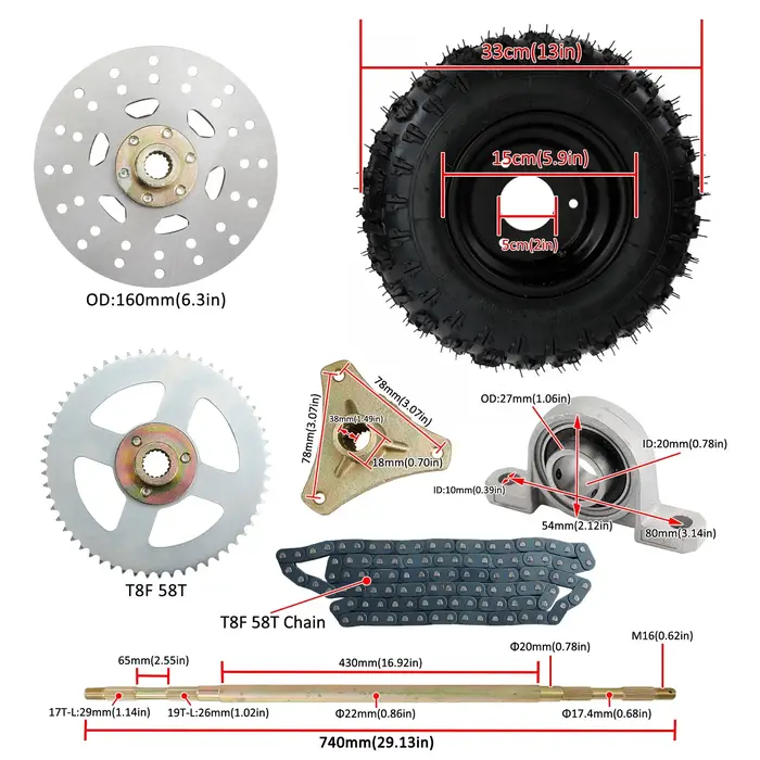 Kit complet de moyeu de roue d'assemblage d'essieu arrière de 29 pouces pour vélos de dérive Go Kart Quad Trike
