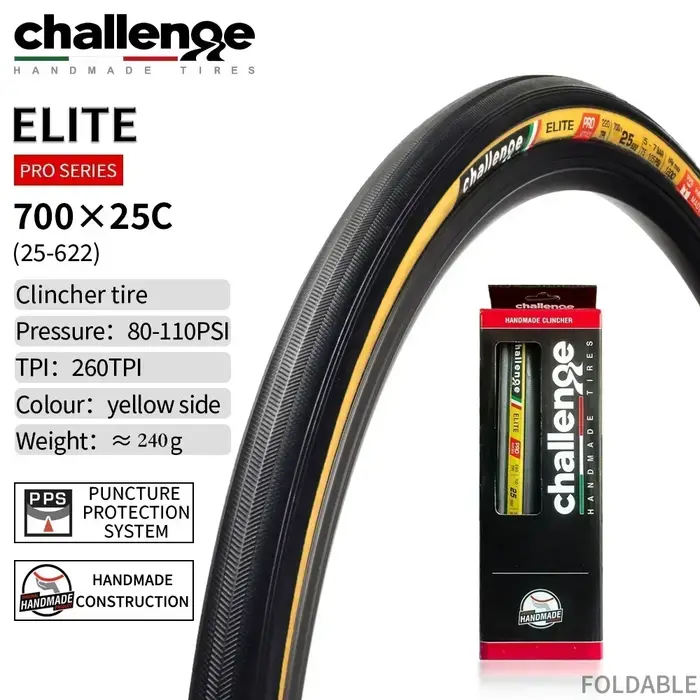 Pneu de vélo de route Challenge Elite 700x25C 260TPI Fabriqué en Italie 700C