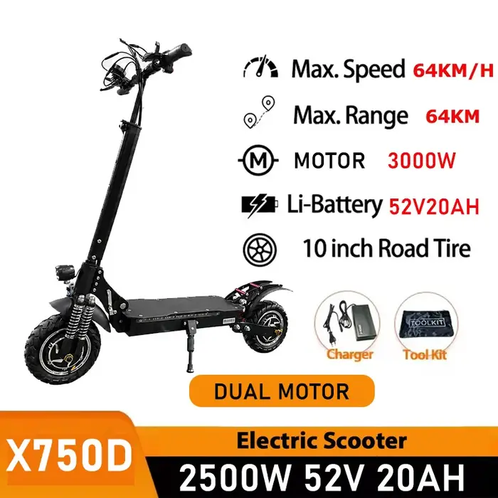 Trottinette électrique à moteur simple/double 2500W/3000W, vitesse élevée 64KM/H, frein à disque, pliable, E-Scooter EABS pour adultes, pneus de 10 pouces