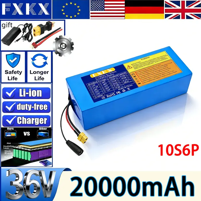 Batterie au lithium 36V 20Ah 18650 10S6P flambant neuve avec BMS 500-1000W pour pack