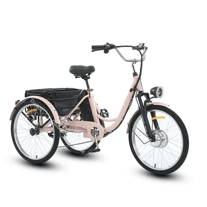 Tricycle de vélo électrique rose à 3 roues avec panier de chargement, batterie amovible, étanche, 36