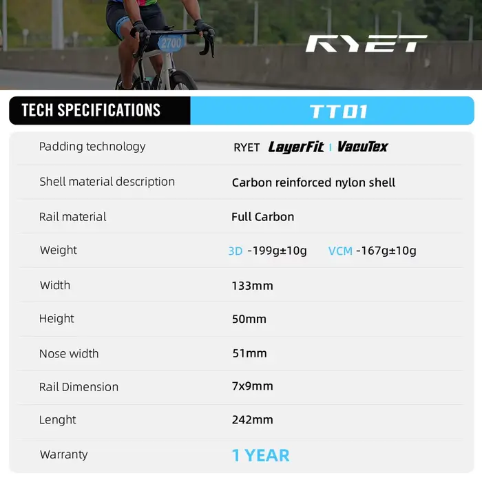 Selle de triathlon 2026 RYET 199g TT01 à nez court