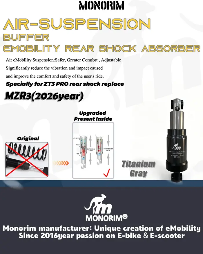 Amortisseur arrière à suspension pneumatique Monorim MZR3 Pro pour trottinette électrique Segway ZT3 Pro - Accessoires