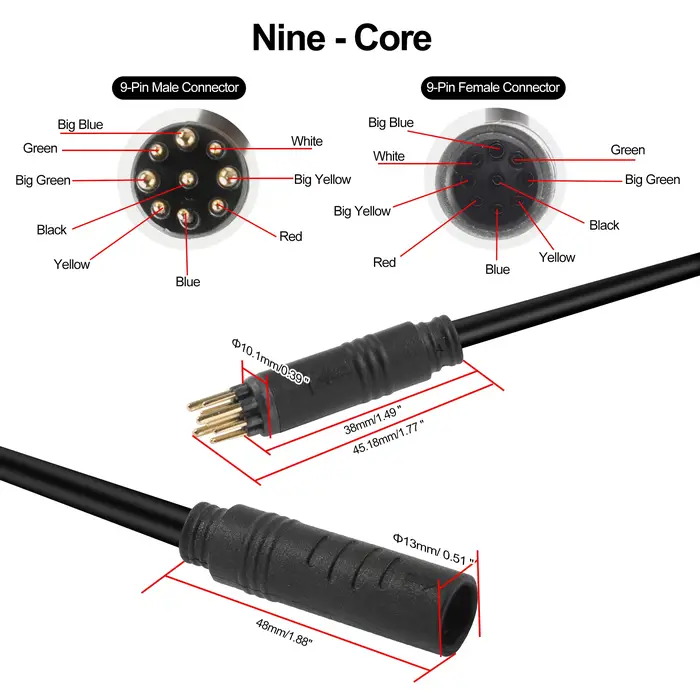 Câble d'extension pour moteur de moyeu de roue de vélo électrique 60cm/120cm, port étanche 9 broches