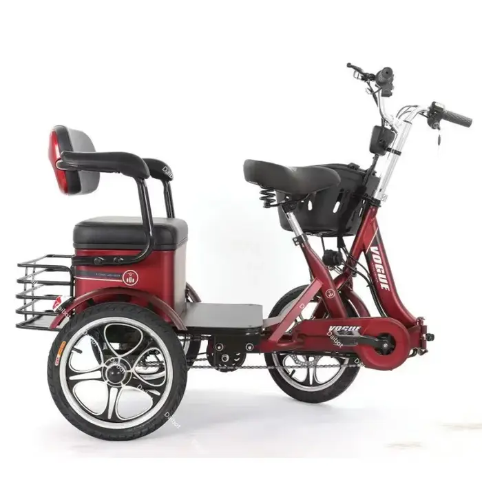 Tricycle électrique pliant Daibot pour 2 personnes avec siège passager moteur 400W batterie lithium 20AH cadre acier au carbone rouge gris beige pour ville et famille