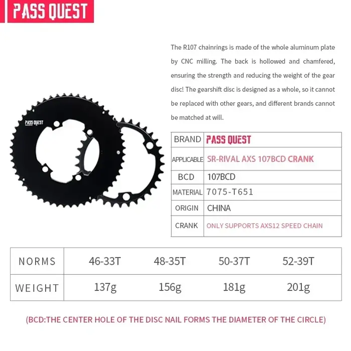 PASS QUEST Sram Rival AXS 12S 107BCD double plateau VTT vélo de route 46-33T 48-35T 50-37T 52-39T