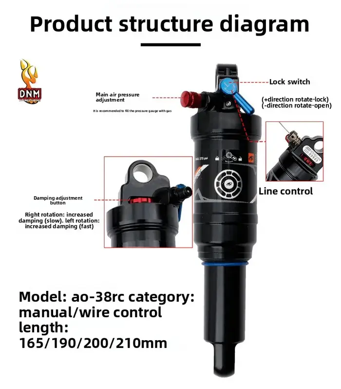 Suspension arrière pneumatique DNM AO-38RC en alliage d'aluminium pour VTT tout-suspendu montagne XC 165 190 200 210 mm haute performance