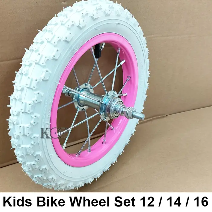 Jeu de roues d'assemblage de vélo avant/arrière pour enfants, jante rose en acier 12 "/14" * 2.125 avec pneus blancs, pièces de vélo personnalisées pour enfants