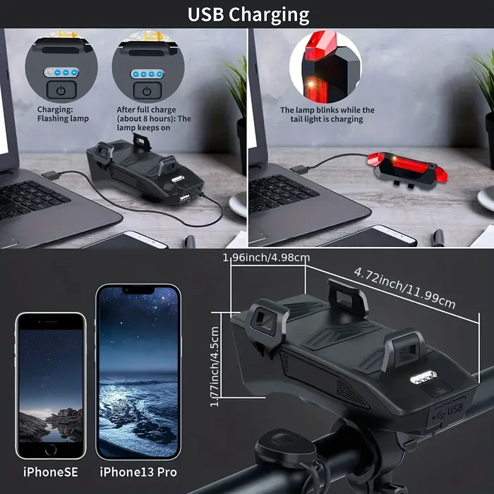 Lampe de vélo, phare rechargeable USB à 3 LED