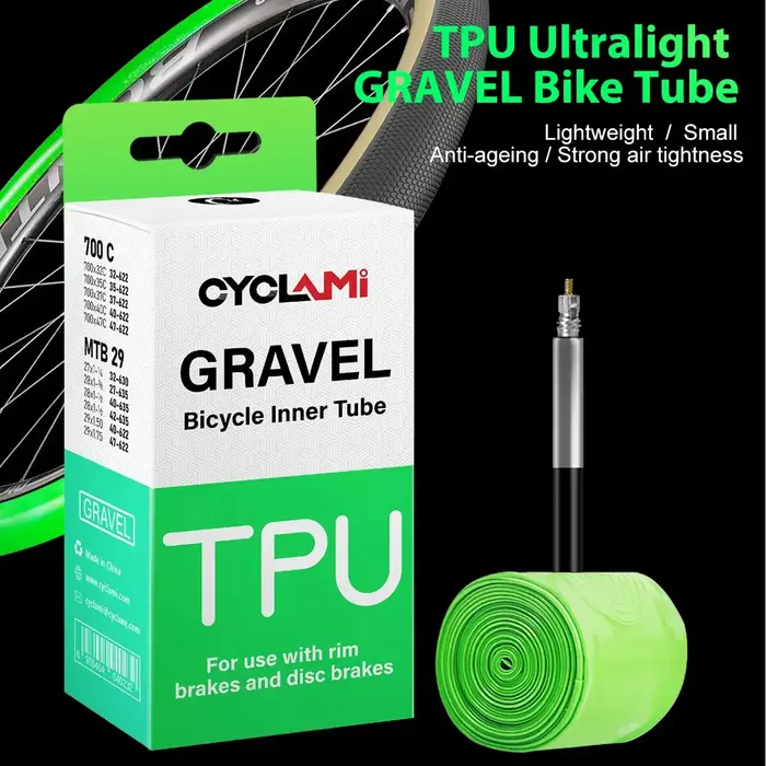Chambre à air vélo CYCLAMI en TPU ultra léger pour pneus 700C 32C à 47C route VTT et gravier couleur Ivoire avec valve ajustable