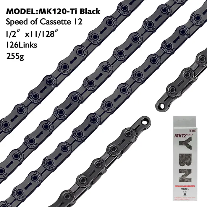 YBN – chaîne de vélo de route ultralégère MK120, 12 vitesses, 126 maillons, huile creuse, revêtement en titane pour Shimano DA Sram rouge