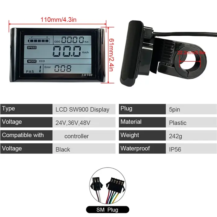 Afficheur LCD SW900 24V 36V 48V 52V 60V 72V pour trottinette électrique