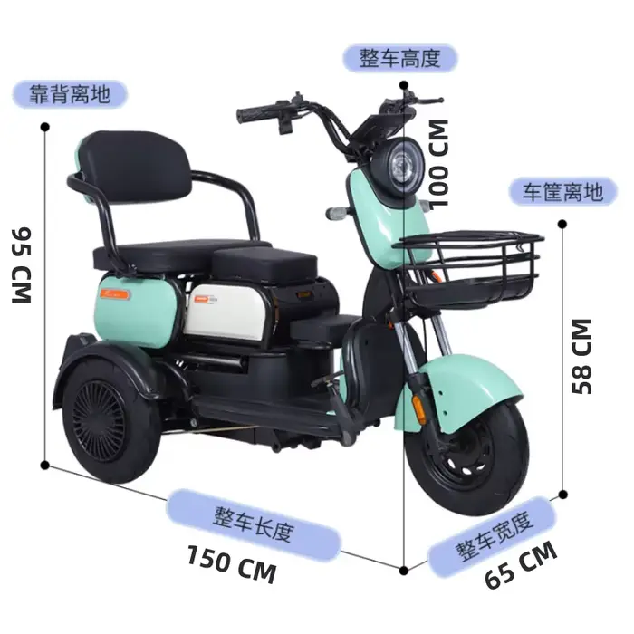 Tricycle électrique 3 roues pour adultes 1000W avec paniers avant arrière et siège réglable en acier au carbone pour parents et enfants