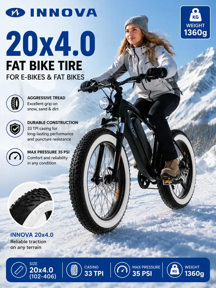 Pneu de vélo électrique Fat Bike INNOVA LV-1003 20x4.0 avec flanc blanc pour neige et plage usage VTT ou croiseur