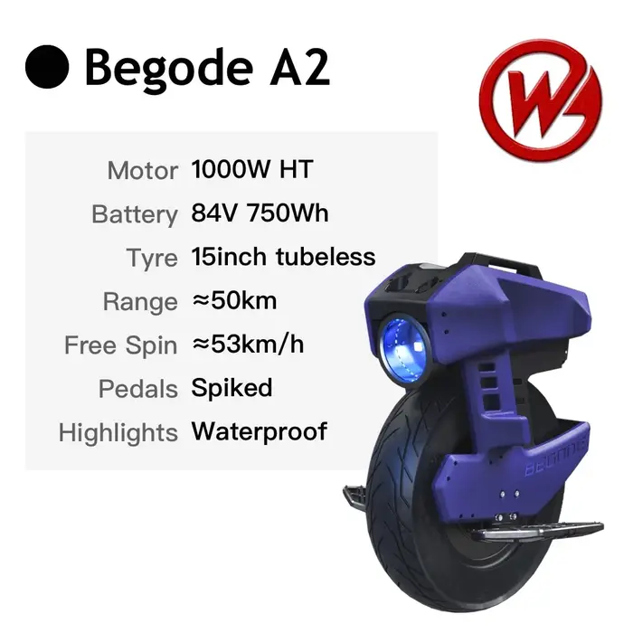 BEGODE A2 monocycle électrique 15 pouces Tubeless 1000W 84V 750Wh BGD EUC
