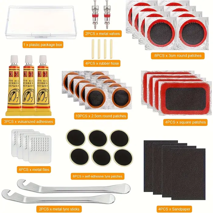 Kit de réparation de pneus de vélo – Étui portable avec patchs et outils pour vélos, motos et tubes 