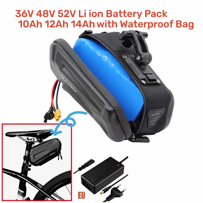 Batterie universelle pour vélo 60V 52V 48V 36V haute capacité 6Ah 8Ah 10Ah 12Ah 18Ah, pack Li-ion étanche avec chargeur et sac