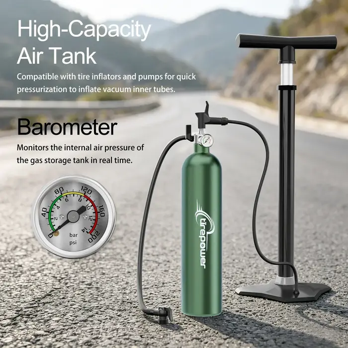 Bouteille d'air 1,3 L en alliage d'aluminium avec manomètre pour gonflage rapide pneus tubeless VTT et vélo de route rouge ou jaune