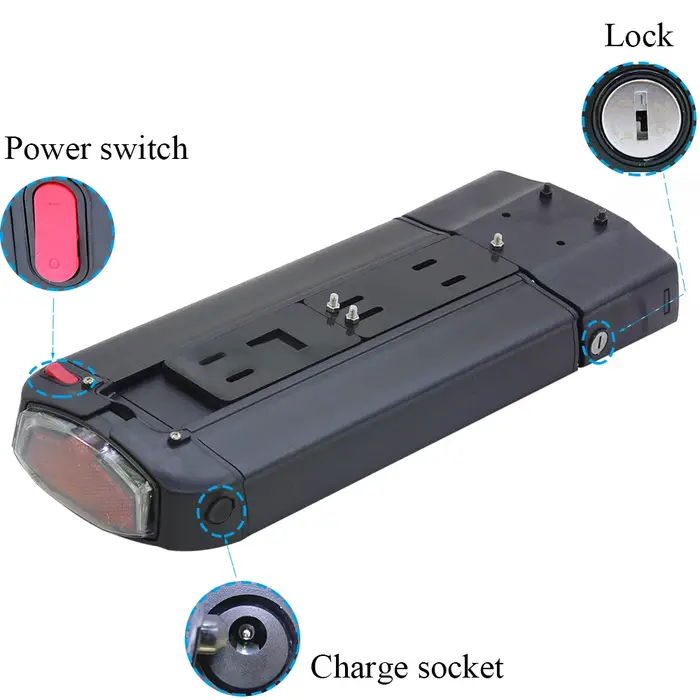 Batterie vélo électrique support arrière lithium 24V 36V 48V haute capacité 10.4Ah à 24Ah coque alliage aluminium robuste pour moteur 250W 350W 500W